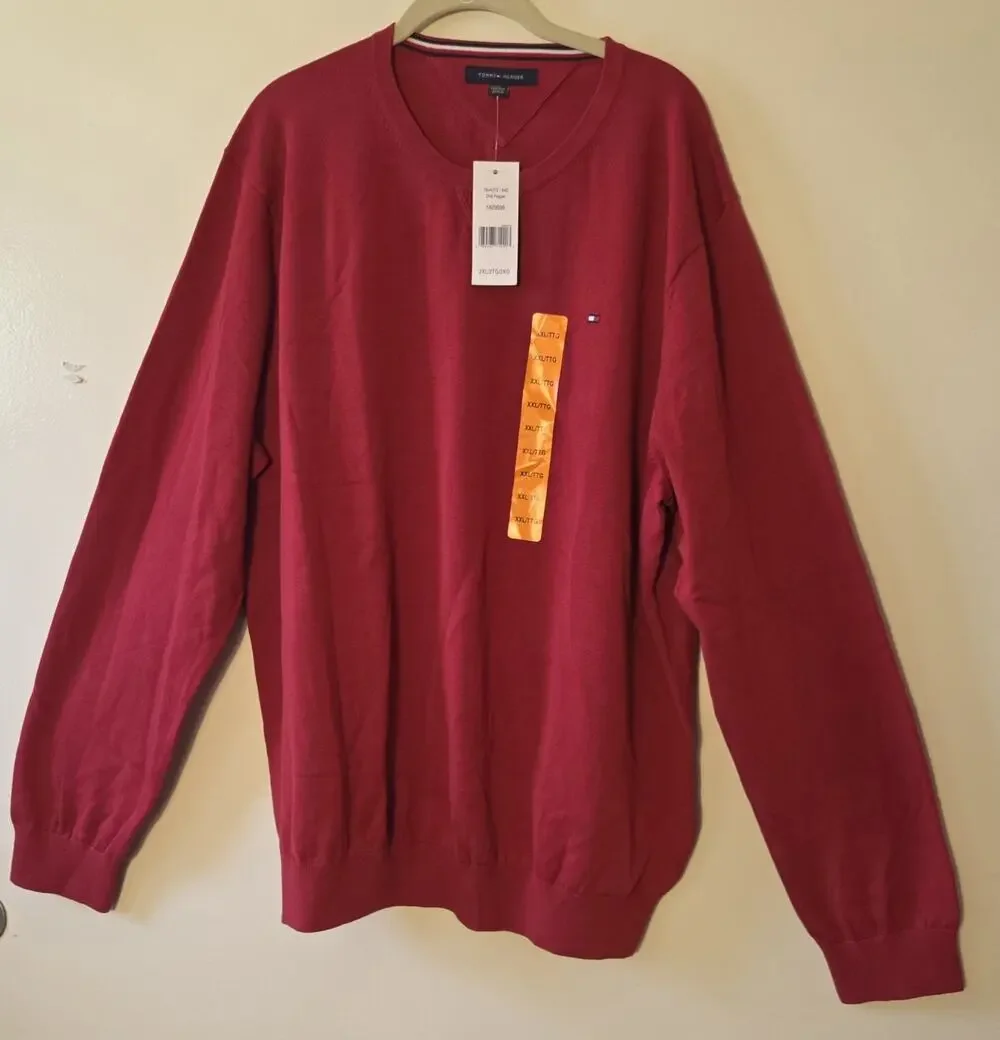 Tommy Hilfiger Mens XXL Classic Crewneck Premium Cotton Sweater Cranberry Red